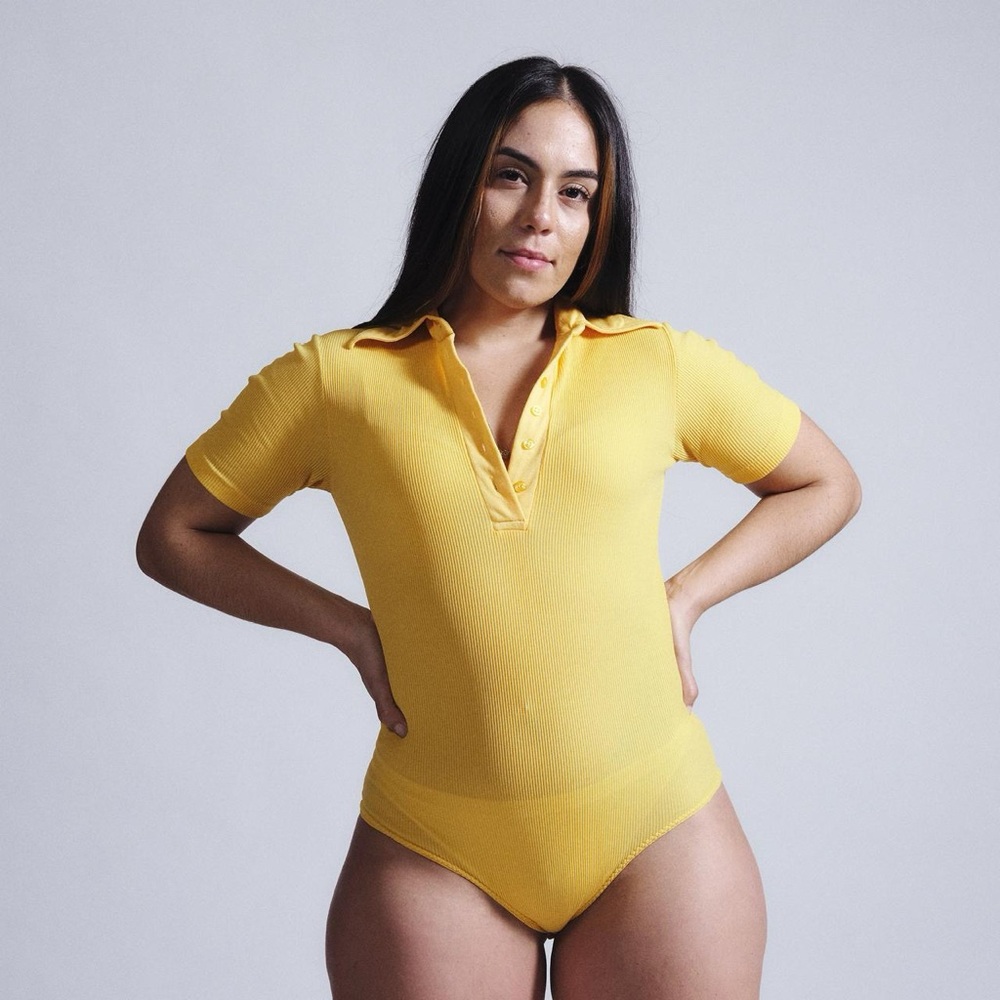 70s Pointed Collar Ribbed Polo Bodysuit